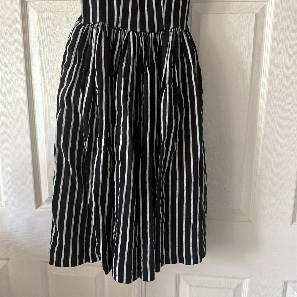 Pinup Couture Dress XS Black White Stripe Fit Flare Midi Pockets Lined Boning